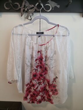 Style & Co. White Sheer Blouse with Pink Floral Print